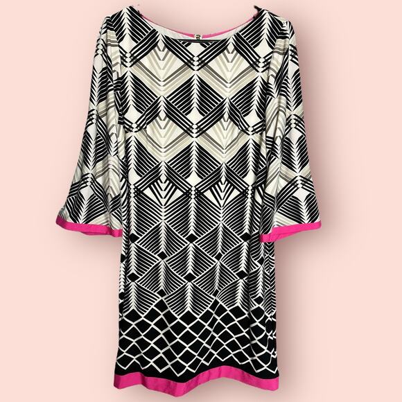 Eliza J Geometrical Print Mini Shift Dress in Black Pink and White large 12 - Picture 1 of 5